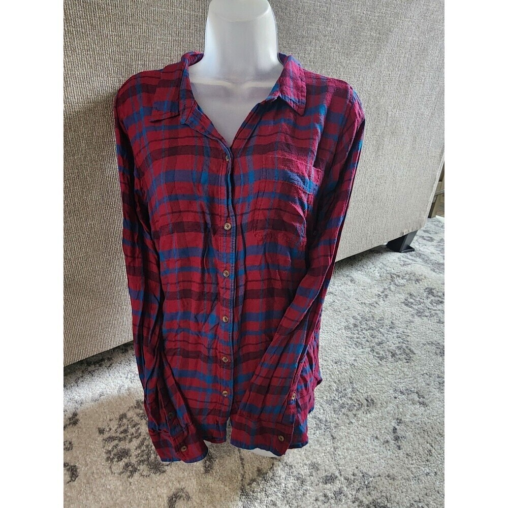Lucky Brand Plaid Flannel Long Sleeve Button up Shirt Red Blue Womens Sz Large